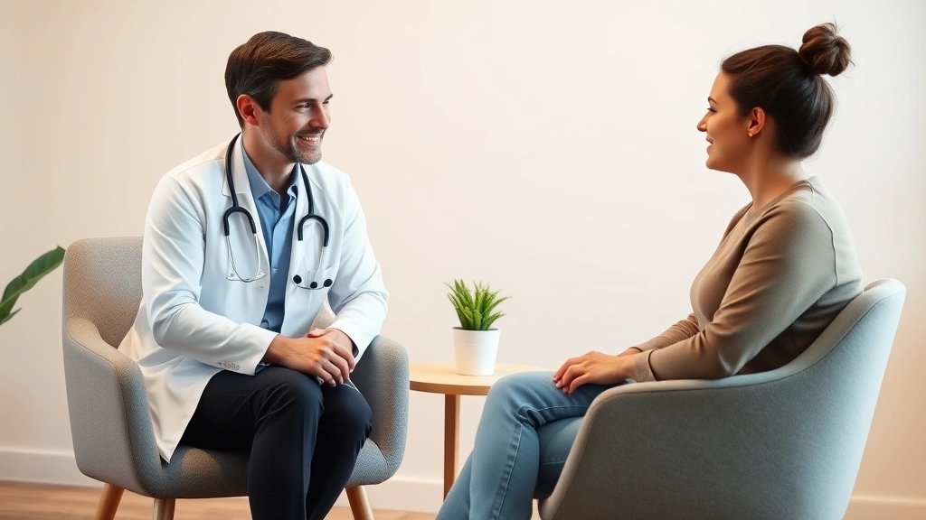 Healthcare provider meeting with mental health client in therapeutic setting, both seated comfortably facing each other, warm lighting, calm neutral background, active listening body language, professional compassionate interaction demonstrating genuine focus and engagement