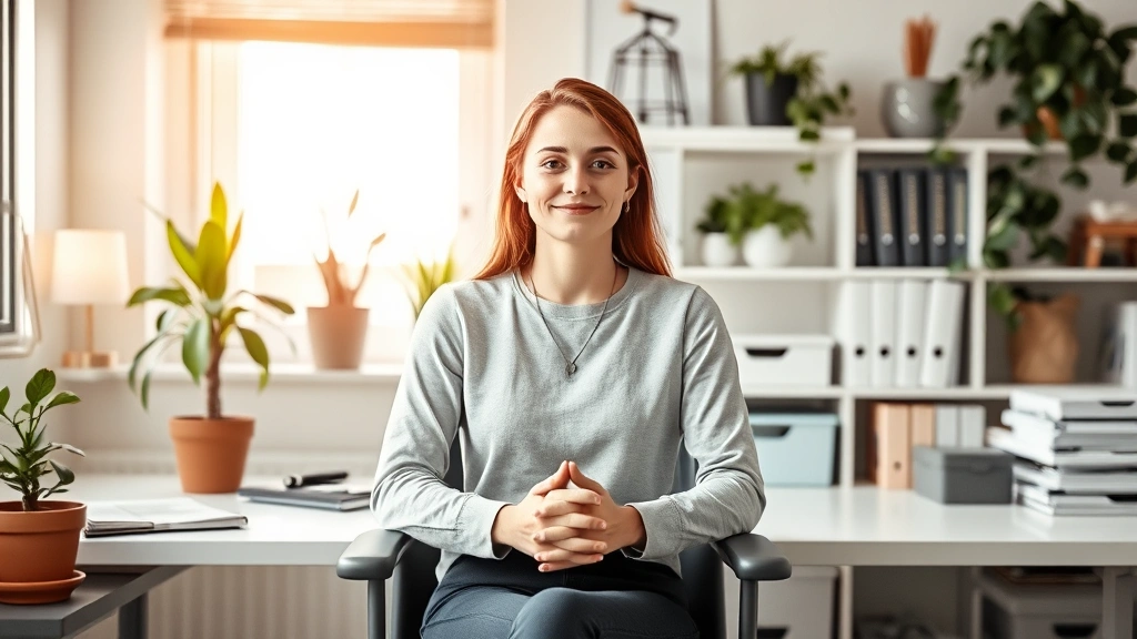 Person sitting at clean desk in organized workspace, hands folded, peaceful expression, morning light streaming in, plants visible, minimal distractions, embodying calm focus