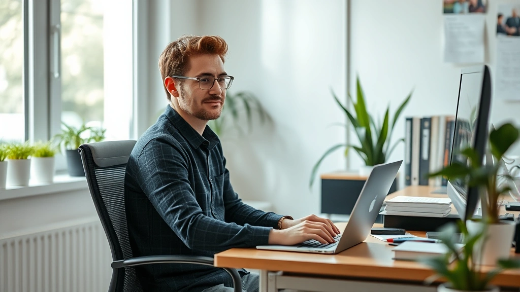 Person sitting at desk in organized workspace, appearing calm and concentrated, natural window light, peaceful expression, working on laptop, plants and minimal distractions visible