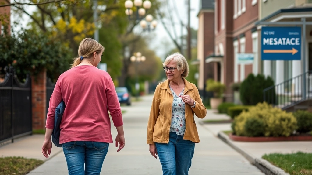 A case manager walking alongside a client down a community street, heading toward a healthcare facility or community resource center, showing supportive presence and real-world navigation support
