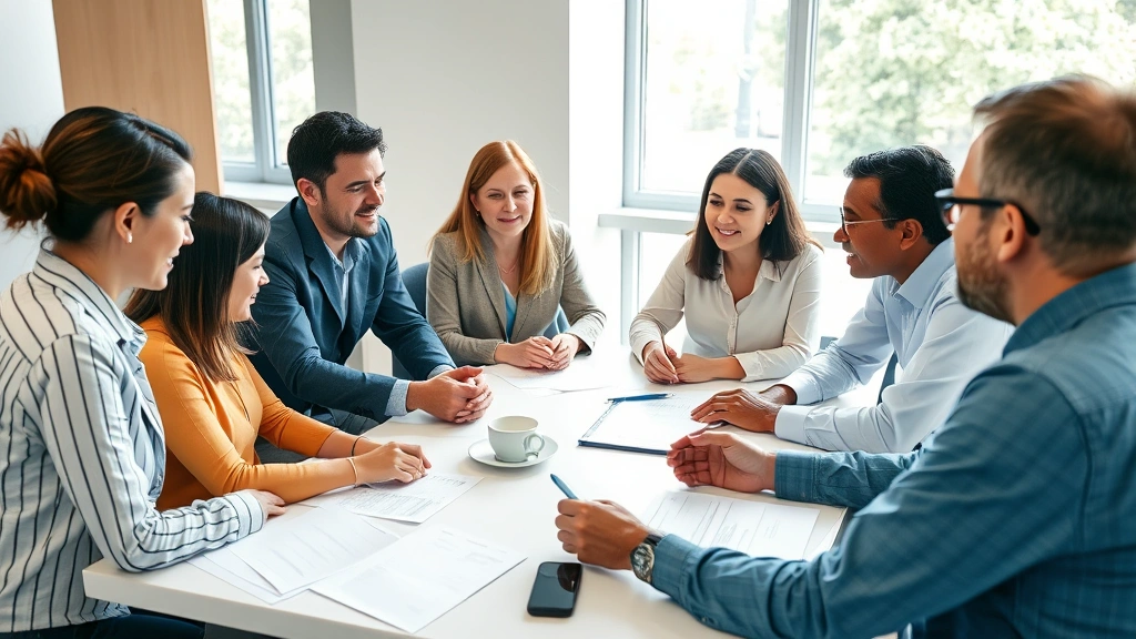 Diverse group of mental health professionals in collaborative meeting around table with documents, engaged in discussion, showing teamwork and coordination, professional but approachable setting, natural light