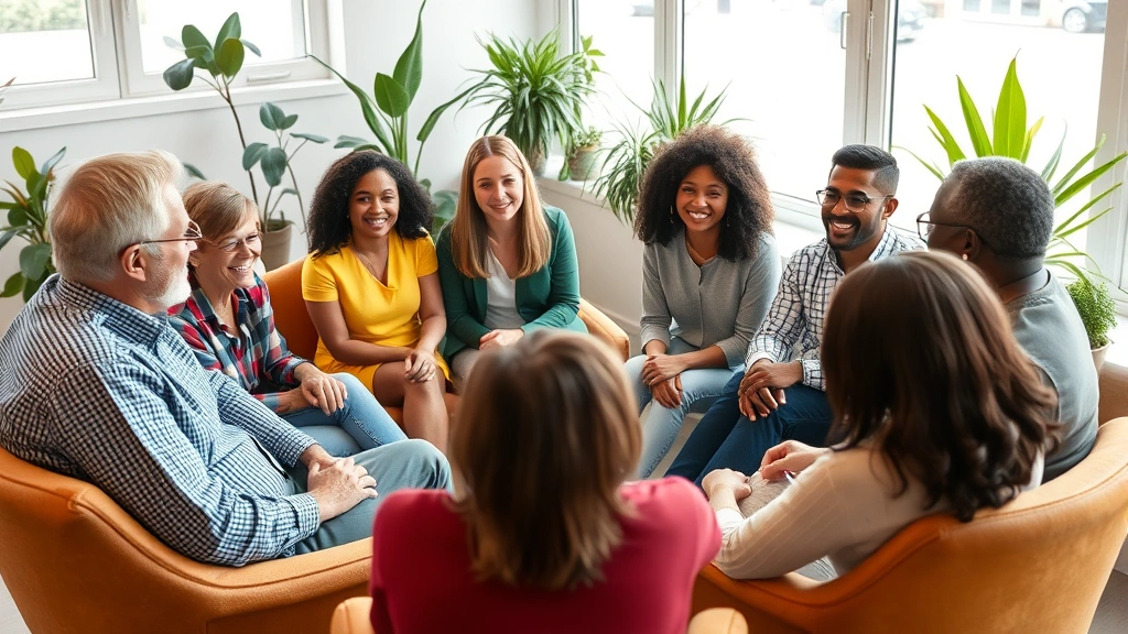 Diverse group in supportive circle setting, sitting comfortably, having discussion, genuine smiles, bright indoor space with plants, everyone appears calm and engaged in conversation