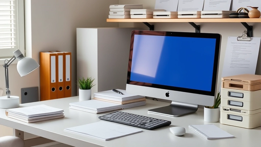 Organized workspace with computer, organized filing system, task management materials, clean desk setup, soft lighting, peaceful professional environment indicating systematic organization and mental clarity, no visible text on screens or papers, focus-supporting workspace design