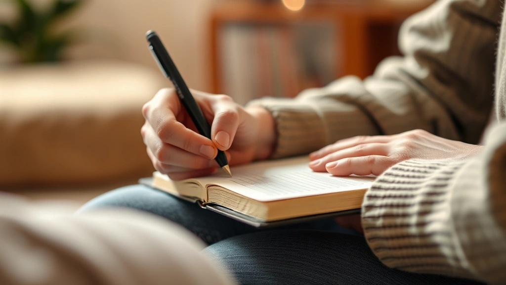 Close-up of hands writing in journal or taking notes during therapy session, warm lighting, therapeutic environment visible in soft focus background, conveying clarity and purposeful engagement