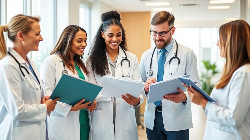 Diverse healthcare team collaborating in modern clinic setting, reviewing patient files and discussing treatment coordination, professional attire, collaborative body language, bright office environment