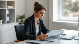 A mental health case manager sitting at a clean desk in a calm office environment, looking intently at a client file with peaceful concentration, natural window light streaming in, minimalist workspace with organized documents, no screens visible