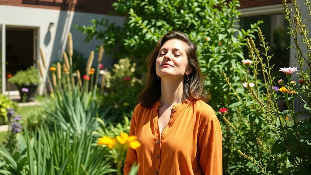 A woman case manager taking a brief outdoor break in a natural garden setting, standing among green plants and flowers, eyes closed in a moment of mindful calm, natural sunlight, peaceful expression, outdoor agency courtyard