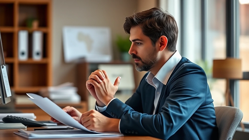 A case manager in a focused work session, sitting upright with good posture at a workspace, hands clasped thoughtfully while reviewing clinical notes, soft warm lighting, professional but relaxed demeanor, no technology screens visible in focus