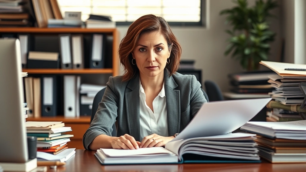 Professional woman case manager sitting at organized desk with client file, intense focused expression, natural Seattle office lighting, warm tones, no visible text or screens