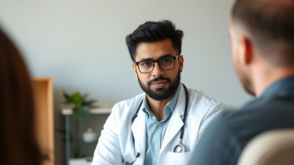 Male mental health professional listening intently during client session, complete attention and presence, neutral therapy office background, compassionate focused expression, natural lighting
