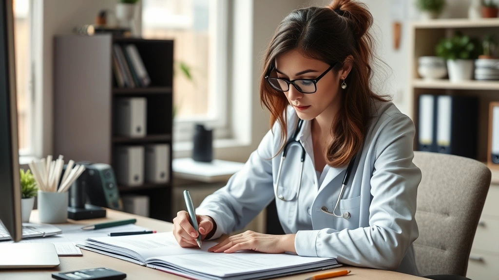 Case manager reviewing detailed notes and care plans at desk, deep concentration, organized workspace with minimal distractions, natural daylight, professional but warm environment