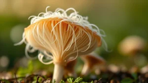 Macro photograph of Lion's Mane mushroom with delicate white tendrils in sharp focus against soft blurred background, natural lighting, photorealistic