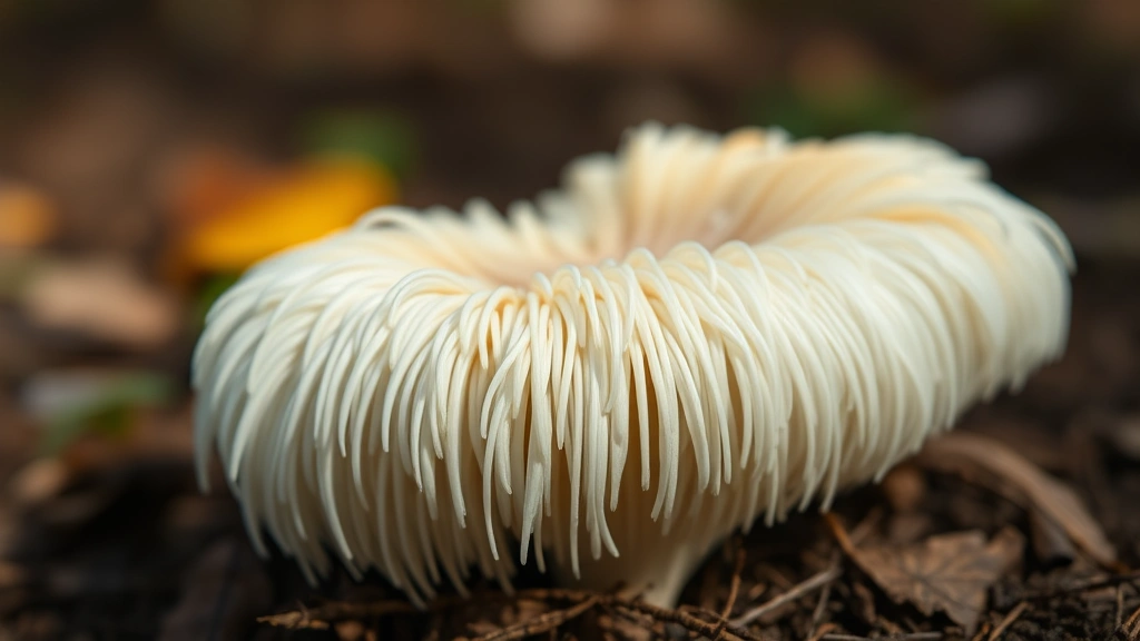 Close-up of fresh Lion's Mane mushroom showing delicate white cascading texture in natural forest lighting, photorealistic detail, shallow depth of field focusing on mushroom structure, earthy background blurred