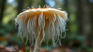 Close-up macro photography of fresh Lion's Mane mushroom with cascading white tendrils, soft natural lighting, shallow depth of field, isolated against blurred forest background, emphasizing delicate texture and structure