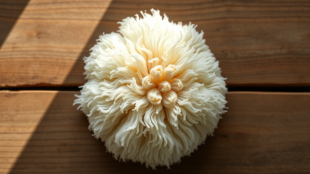 Overhead view of fresh Lion's Mane mushroom on wooden surface with soft morning light casting subtle shadows, emphasizing the mushroom's intricate white fronds and natural texture, photorealistic, no text