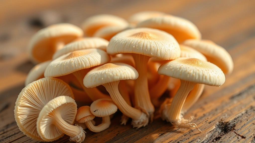 Close-up of Cordyceps mushroom specimens arranged on wooden surface, warm natural daylight, detailed texture visible, photorealistic depth of field