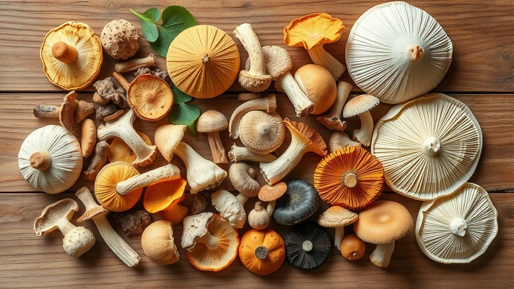 Overhead flat lay of various dried medicinal mushroom varieties arranged artfully on wooden surface with soft natural light, photorealistic textures showing different mushroom types, no text or labels visible