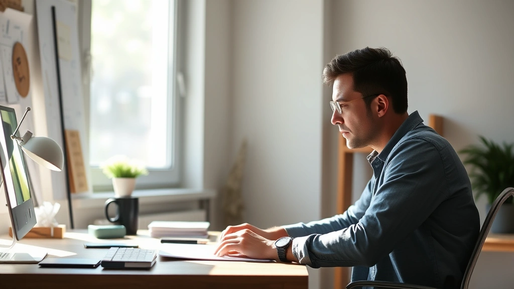 Person in focused concentration during deep work session at desk with natural light streaming from window, showing alert posture and engaged expression, photorealistic, clean modern workspace, no text