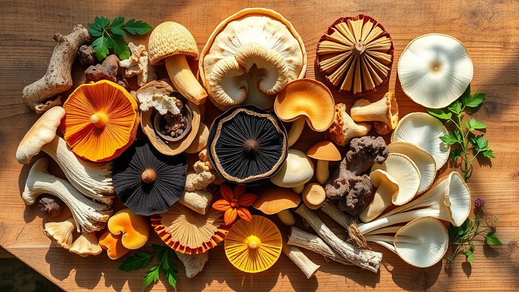 Overhead flat lay of diverse medicinal mushroom varieties including cordyceps, reishi, and turkey tail specimens arranged on natural wood surface, morning sunlight creating subtle shadows, photorealistic botanical composition, no text or labels visible