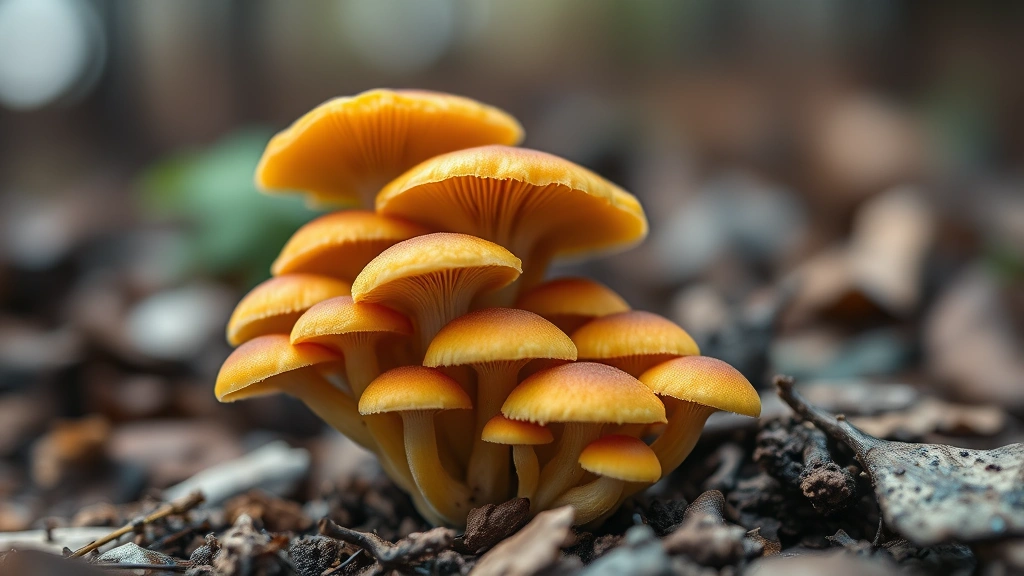 Macro photograph of cordyceps mushroom cluster with golden-brown coloring, detailed surface texture visible, shallow depth of field emphasizing form, natural forest floor setting with soft bokeh background, photorealistic quality