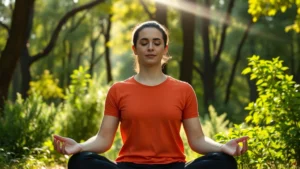 Person meditating outdoors in peaceful natural setting, sunlight streaming through trees, serene expression, hands in meditation mudra, completely relaxed posture, surrounded by green foliage, photorealistic