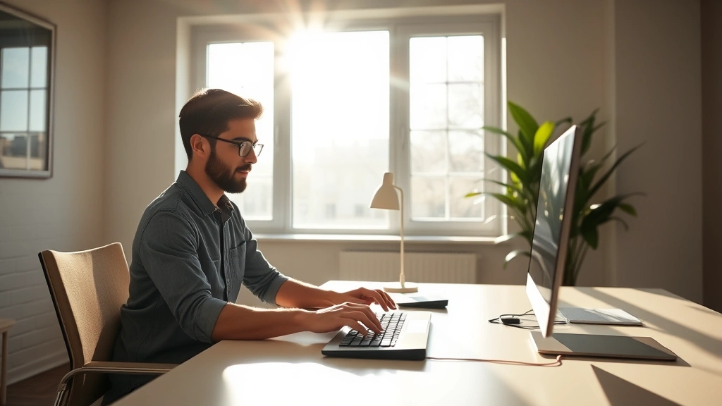 Person sitting at a minimalist desk with morning sunlight streaming through large windows, focused expression, hands poised above keyboard, peaceful work environment with plant in background