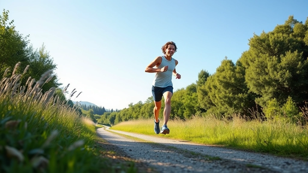Athletic person jogging outdoors on a sunny trail with natural green surroundings, energetic movement, clear sky, representing exercise benefits for mental clarity and focus