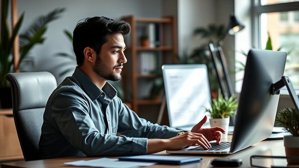 Individual sitting at desk during focused work session, calm expression, hands on desk, subtle glow of concentration, peaceful office environment with plants visible, natural lighting, mindful work posture photorealistic