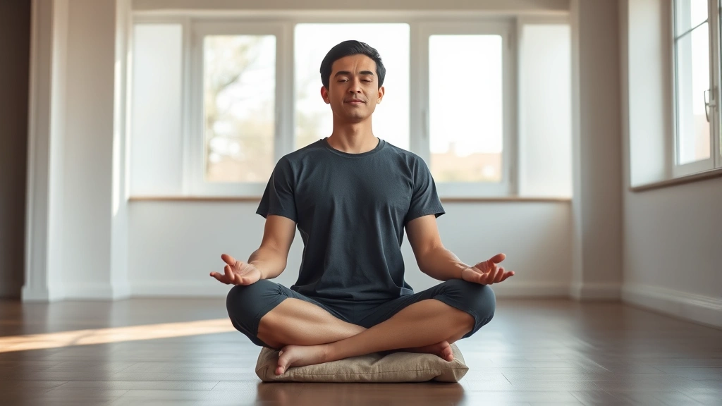 Individual meditating in a calm, bright room with large windows, sitting cross-legged on cushion, serene facial expression, natural light illuminating peaceful space