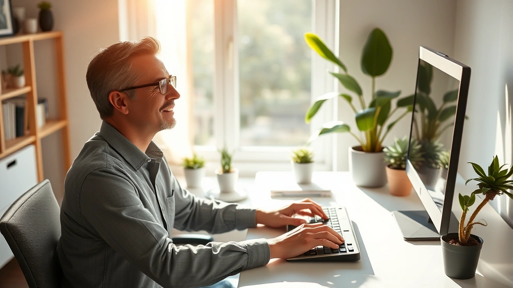Person sitting at minimalist desk in natural light, hands on keyboard, deeply focused with peaceful expression, plants visible, clean organized workspace, warm afternoon sunlight streaming through window