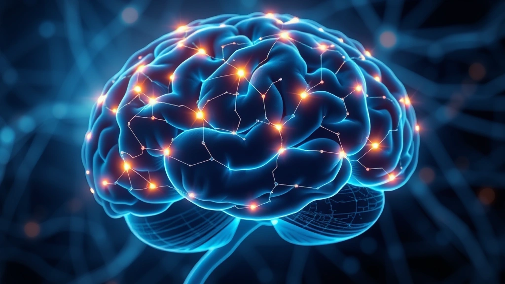 Brain illustration showing neural pathways lighting up in prefrontal cortex region, glowing connections representing focus and attention circuits, abstract scientific visualization of concentration