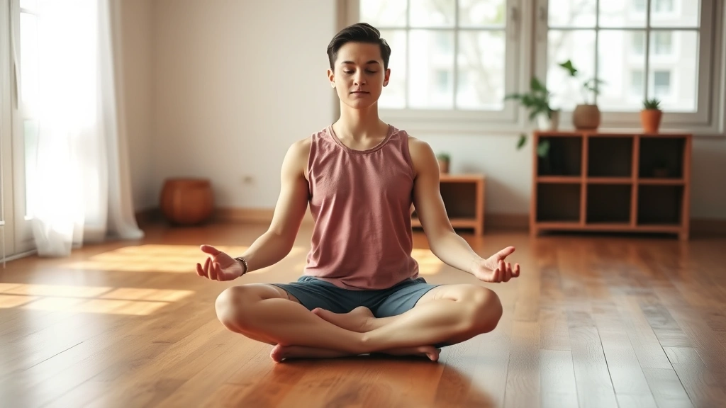 Individual meditating in lotus position on wooden floor, calm expression, soft natural light, peaceful interior space, morning meditation scene demonstrating mindfulness practice for focus training