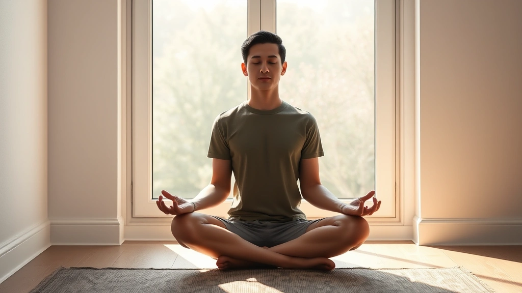 Person in meditation pose sitting peacefully by window with natural morning light, calm focused expression, minimalist background, photorealistic