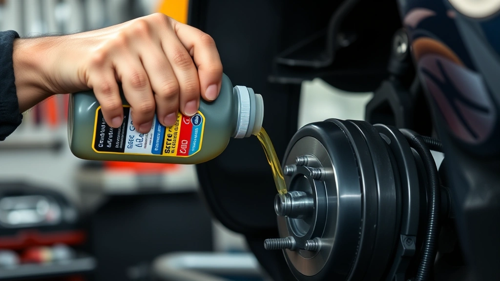 Professional automotive technician carefully pouring premium synthetic brake fluid into a vehicle's brake fluid reservoir, focusing on precision and concentration, workshop setting with blurred tools in background, hands steady and attentive