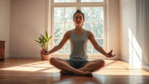 Person sitting cross-legged in meditation pose on wooden floor, natural sunlight streaming through large window, peaceful expression, minimalist room with plants, photorealistic, calm atmosphere