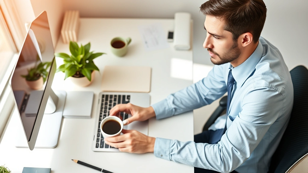 Professional working at clean desk with coffee cup, bright natural lighting, neutral organized workspace, concentrated expression, top-down perspective