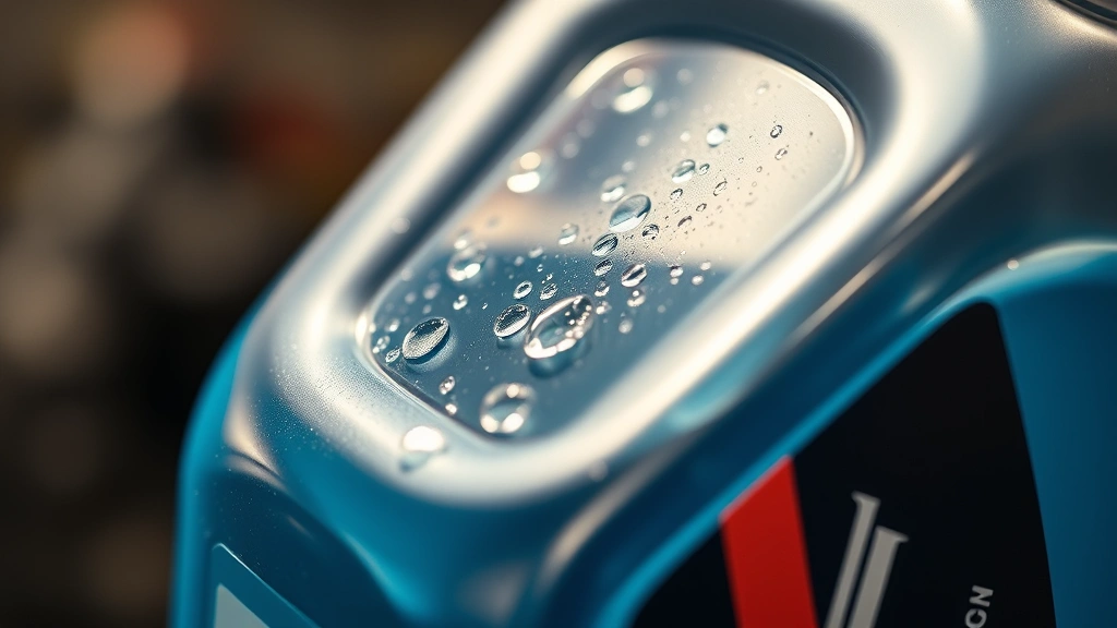 Close-up of brake fluid bottle with condensation droplets, showing liquid clarity and professional packaging, shallow depth of field emphasizing the fluid's quality and purity, warm workshop lighting