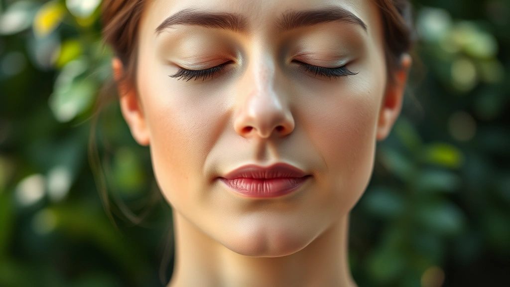 Close-up of meditating individual with eyes closed, serene facial expression, soft natural lighting, blurred green foliage background, showing relaxation and concentration