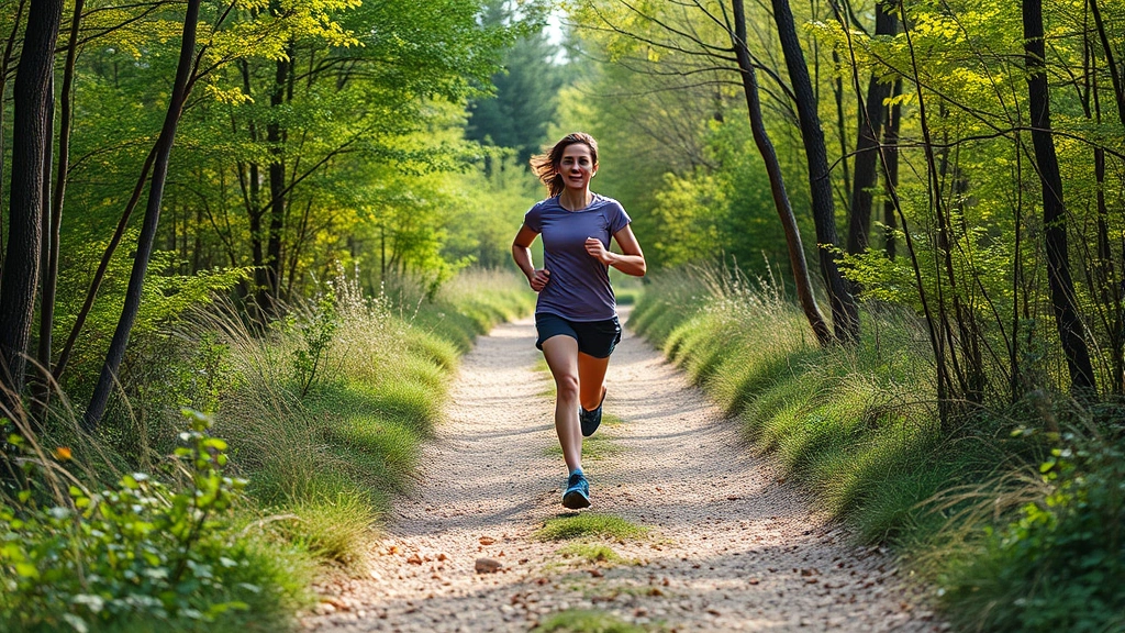 Active person running outdoors on a trail surrounded by nature, demonstrating physical exercise and movement for brain health and concentration