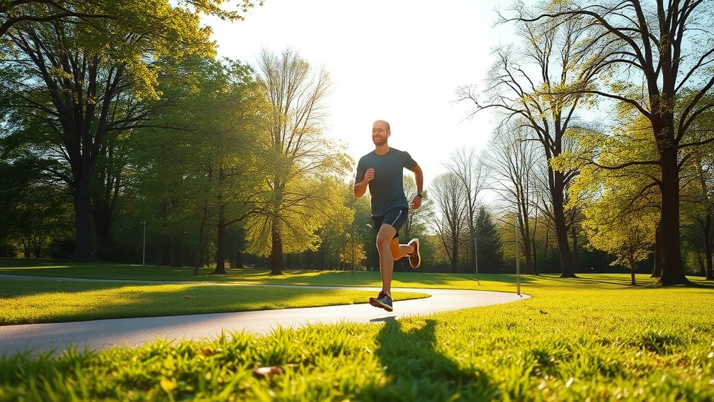 Person jogging or running outdoors in park, morning sunlight, energetic movement, fresh natural environment, clear sky, photorealistic