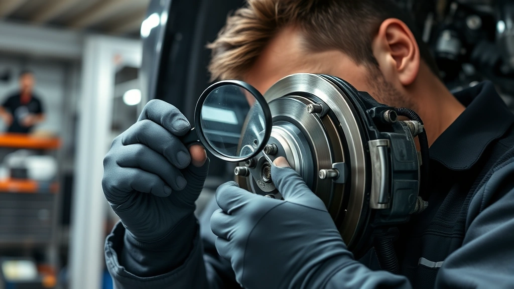 Mechanic's hands inspecting brake system components with magnifying glass, demonstrating attention to detail and quality control in automotive maintenance, professional workshop environment, focused expression