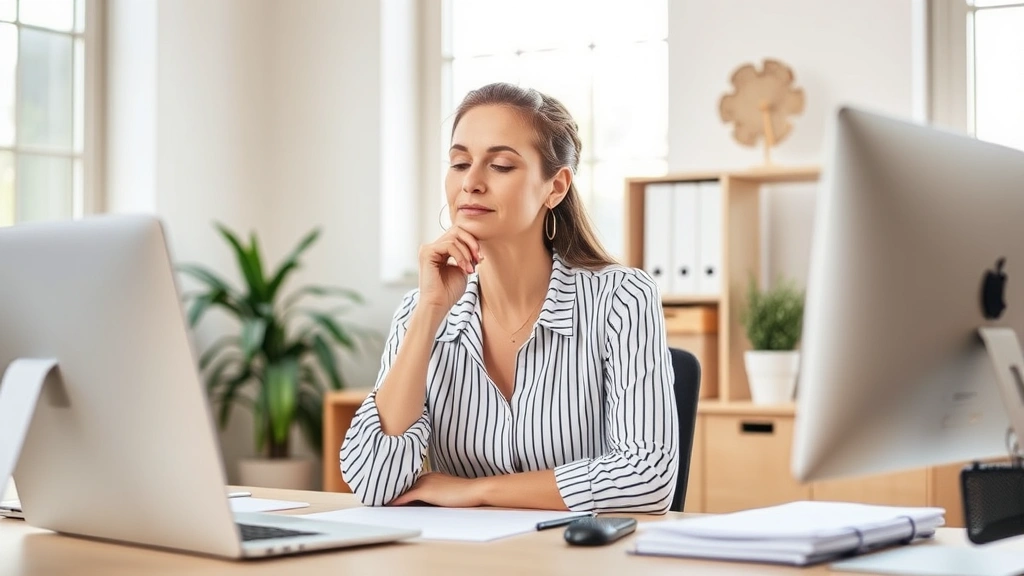 Woman at desk in focused work state, hand on chin in thoughtful pose, sunlit workspace with minimal distractions, calm professional environment, representing deep concentration and meditation benefits