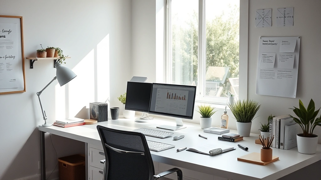 Clean, organized minimalist desk workspace with natural light, showing optimal environmental setup for deep focus and concentration work