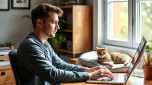 Person working at desk with calm tabby cat resting nearby on a cushion, natural window light, peaceful home office environment, focused expression on human face, warm color palette
