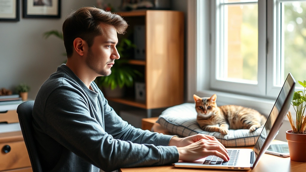 Person working at desk with calm tabby cat resting nearby on a cushion, natural window light, peaceful home office environment, focused expression on human face, warm color palette