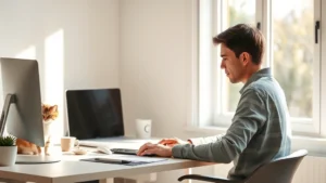 Person working at desk with calm cat nearby, natural window light, peaceful focused expression, minimalist workspace, photorealistic
