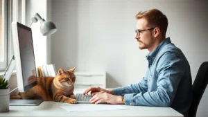 Person working at desk with calm cat resting nearby on desk, soft natural lighting, peaceful focused expression, minimalist workspace