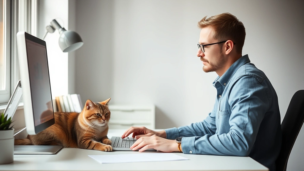 Person working at desk with calm cat resting nearby on desk, soft natural lighting, peaceful focused expression, minimalist workspace