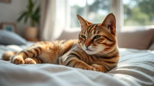 A relaxed tabby cat lying peacefully on a comfortable bed in natural sunlight, displaying calm body language and focused contentment, photorealistic feline in serene home environment