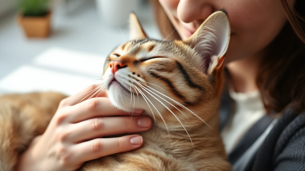 Close-up of hands gently petting a relaxed cat's head and neck, soft fur texture visible, serene expression on person's face, morning natural light, minimalist background with subtle desk elements